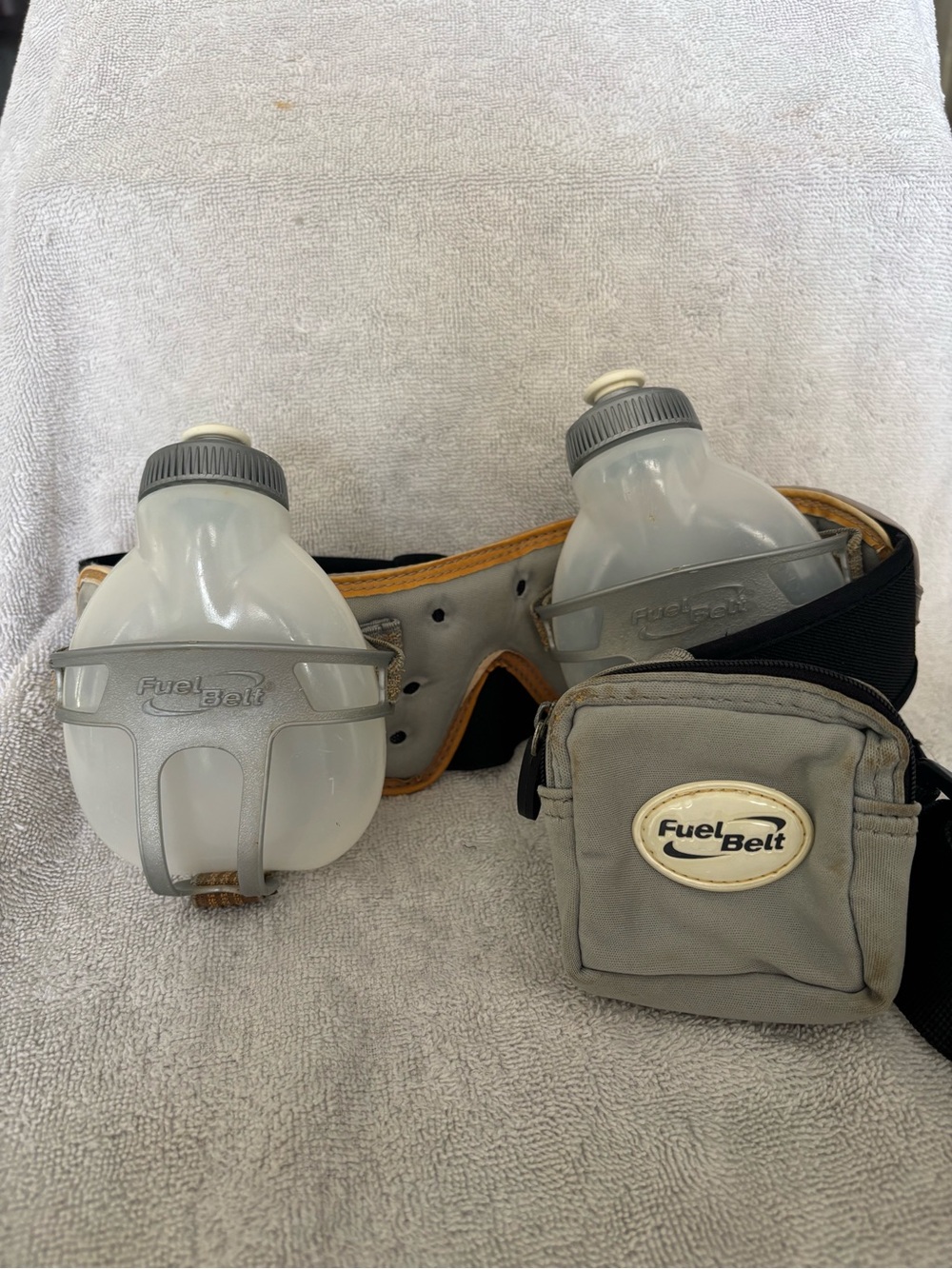 FuelBelt Hydration Running Belt w/ 2 Bottles, Zipper Pocket, Black/Gray